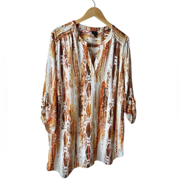 WASHINGTON | Women's Rust Brown and White Tunic V-Neck 3/4 Sleeves Blouse Sz 3X - Picture 2 of 7